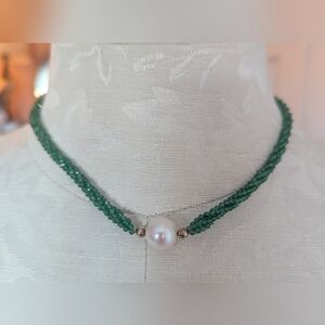 Vintage 4 Twisted Strand Green Onyx With Pearl Necklace